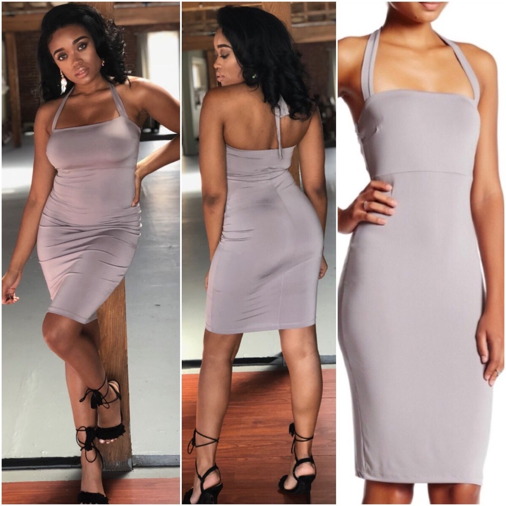 🩶 Sexy Silky Jersey Halter Cocktail Party Dress - Grey (B)